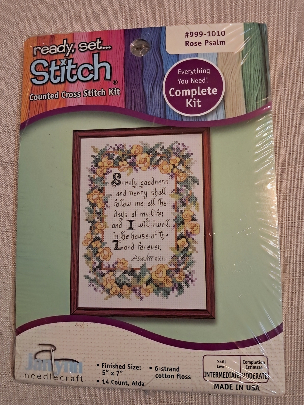 Ready, Set... Stitch Rose Psalm Cross Stitch Kit in Yellow & Green - NWOT